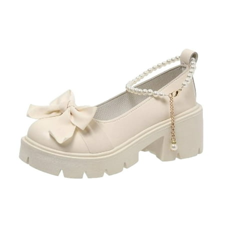 

Qufokar Womens Short Boots Snow Creme Heels for Women Ladies British Fashion Solid Leather Bowknot Pearl Buckle Thick High Heel Casual Shoes