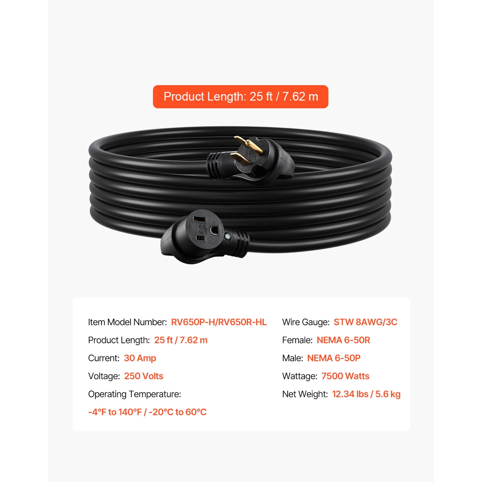 KFFKFF 30-Amp Generator Extension Cord, 25 Feet, 250 Volts 7500 Watts Durable Power Cable, NEMA 6-50R to NEMA 6-50P SWT 8AWG Flexible Welding Extension Cord, Includes Storage Bag