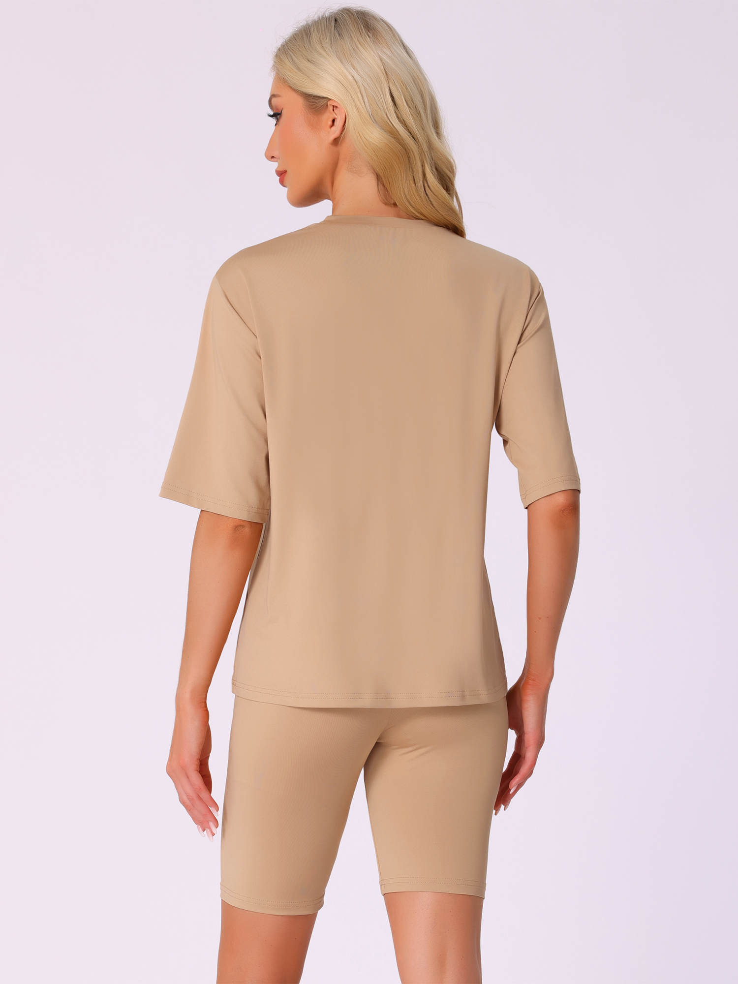 DARING DIVA Womens 2 Pieces Biker Shorts Set Outfits T-Shirt Lounge Wear L Khaki
