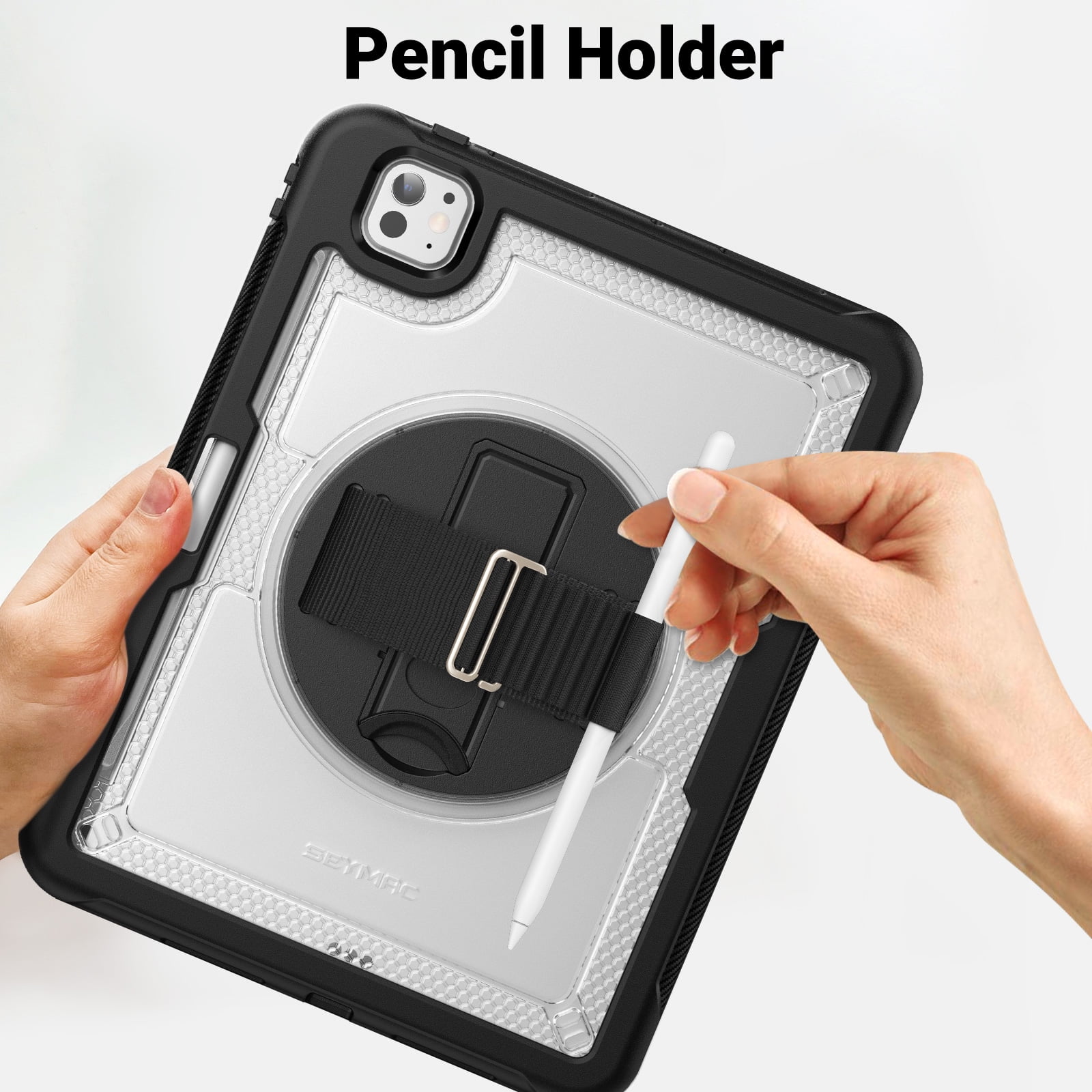 ELEHOLD Case for Apple iPad Pro 11 2024,Soft TPU Rugged Durable Case with 360° Rotating Hand Strap & Foldable Hidden Stand & Pencil Holder,Clear
