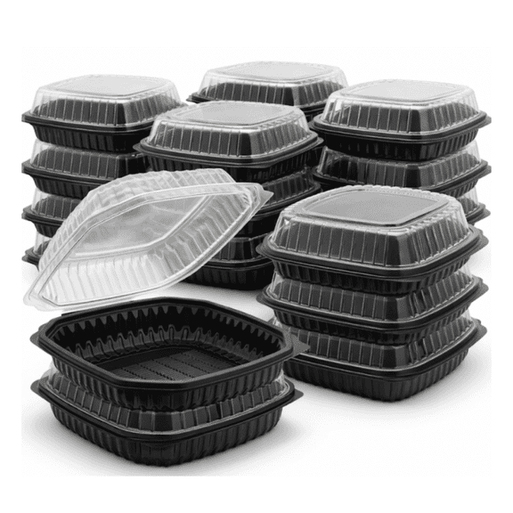 48 oz Black Hinged Clamshell Food Containers with Clear Lids, 11.5 x 10 x 3 Disposable Takeout Boxes for Restaurants, Meal Prep & Catering - 20 Pack