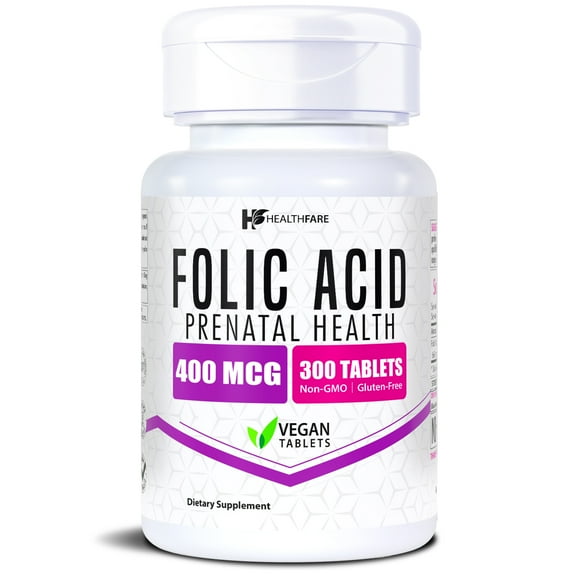 HealthFare Folic Acid 400mcg | 300 Veg Tablets | Folate Vitamin B9 | Vegetarian, Non-GMO, Gluten-Free | Made in the USA