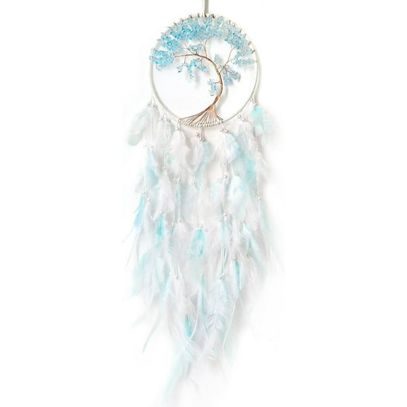 White and Cyan Dream Catcher Wall Decor Crystal Tree of Life Dream Catchers Handmade Feather Dreamcatcher Wall Hanging Ornament for Bedroom Living Room Home Decor