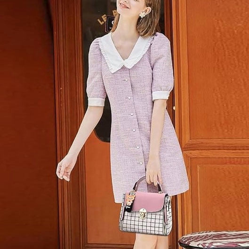 VONGEM Women's Pink Plaid Crossbody Bag with Bear Pendant photo 5