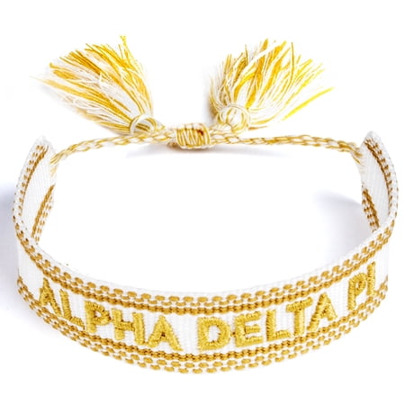 Sorority Shop Alpha Delta Pi Bracelet — Woven Bracelet, White and Gold Design with ACO Sorority Name and Tassels, Greek Sorority Jewelry