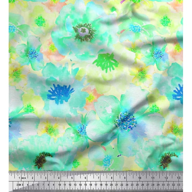 Soimoi Polyester Crepe Fabric Flower Watercolor Print Sewing Fabric Yard 52 Inch Wide
