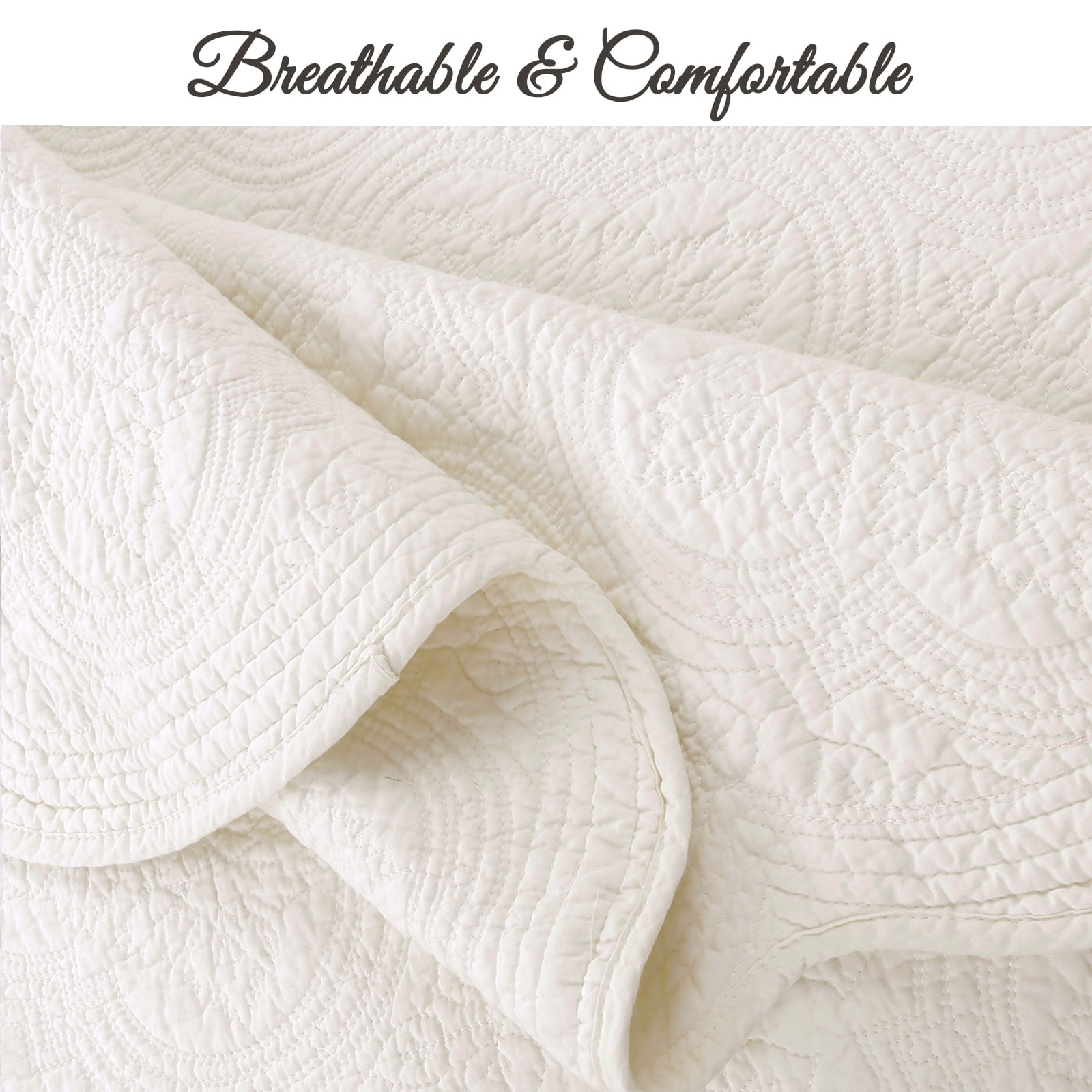 Cozy Line Victorian Medallion Matelasse Scalloped Edge 100% Cotton 3-Piece Ivory Cream Quilt Bedding Set, Queen
