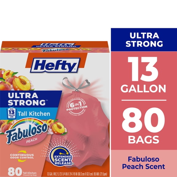 Hefty Ultra Strong 13 Gallon Trash Bags, Tall Kitchen Trash Bags, Peach, Fabuloso Peach Scent, 80 Bags