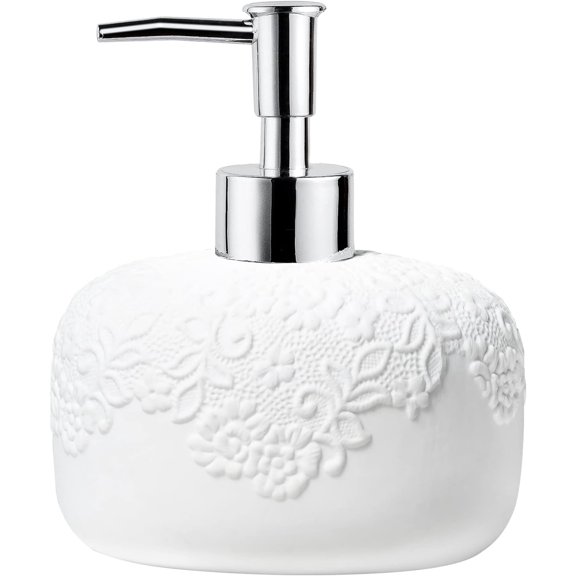 White Soap Dispenser, Ceramic Countertop Lotion Dispenser 14oz with Embossed Design, Bathroom Refillable Bottle for Shower Soaps Shampoo Kitchen Organization,