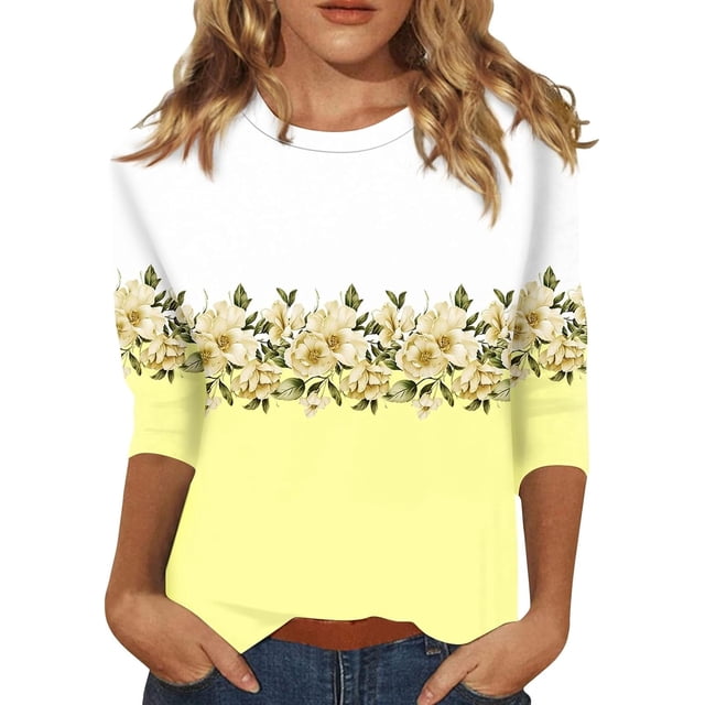 Generic Hauts à Manches 3/4 pour Femmes, Imprimé Floral Décontracté, Blouse d'Été Ample