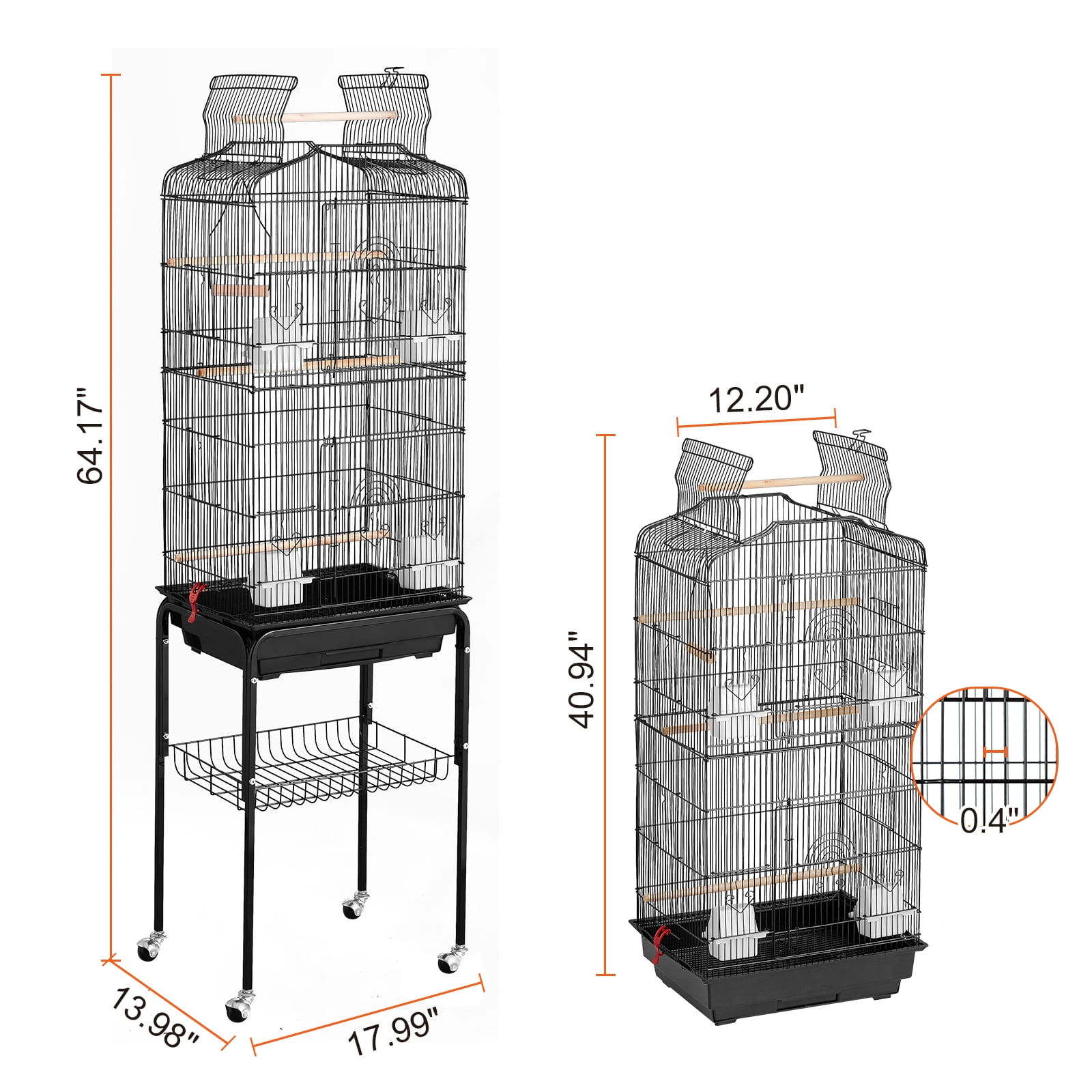 KFFKFF Spacious Bird Enclosure, 62 inches, Uncovered Top Canary Habitat with Mobile Base, Iron Aviary with Detachable Pan, Finch Birdhouse with 4 Roosts, Lovebird and Cockatiel Pet Playhouse