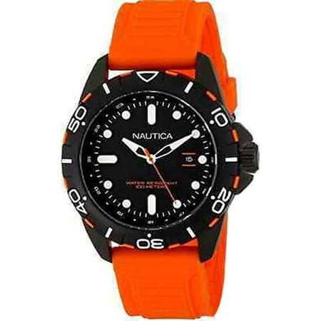 Nautica N11602G Men's Orange Silicone Bracelet With Black Analog Dial Watch NIB