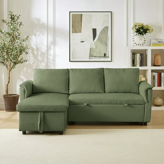 L-Shaped Modular Loveseat Sofa with Chaise Lounge, Pull-Out Sleeper Bed, Reclining Backrest and Storage Chaise, Tufted Corduroy Upholstered Convertible Sectional Couch for Living Room, Green