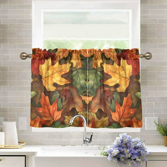 Yayeee Kitchen Curtains Tier Pair Light Filtering 27"x36" Rod Pocket Short Cafe Window Panel, Colorful Autumn Leaves