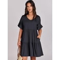 thumbnail image 4 of Women's 2024 Summer Trendy V Neck Ruffle Short Sleeve A Line Tiered Flowy Casual Mini Beach Dress with Pockets, 4 of 6