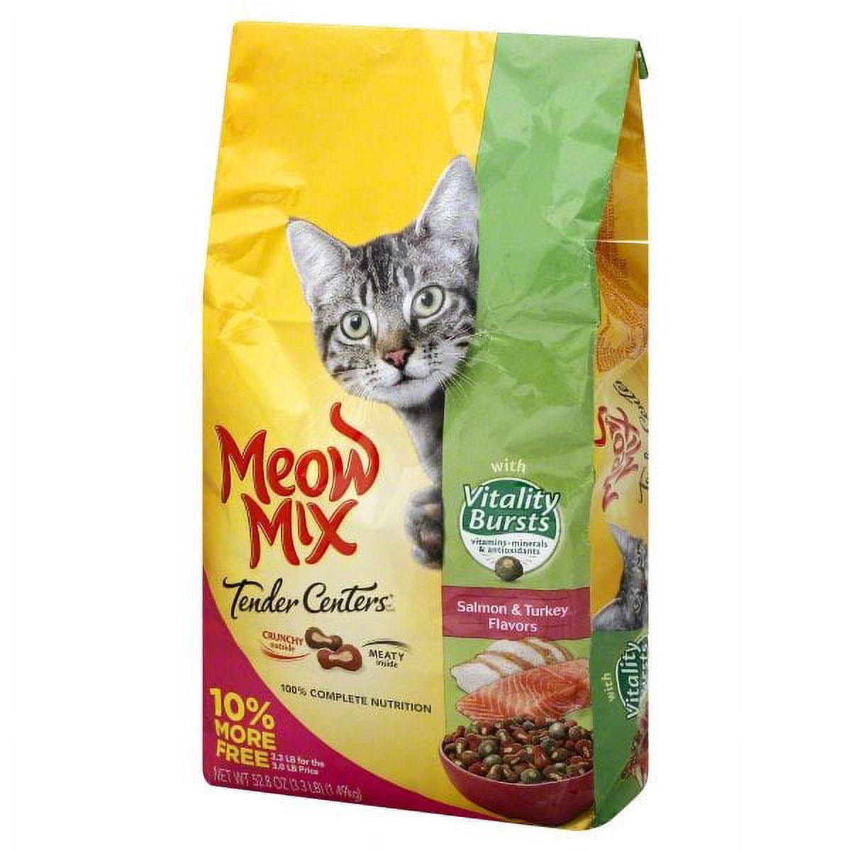 Meow Mix Tender Centers Salmon & Turkey Flavors with Vitality Bursts Dry Cat Food, Bonus Bag, 3.3-Pound