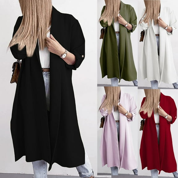 HAPIMO Women's Open Front Cardigans Fall Midi Peacoat Trench Coats Long Sleeve Outwear Fashion Winter Outfits Solid Color Overcoats Casual Turn Down Collar Green L