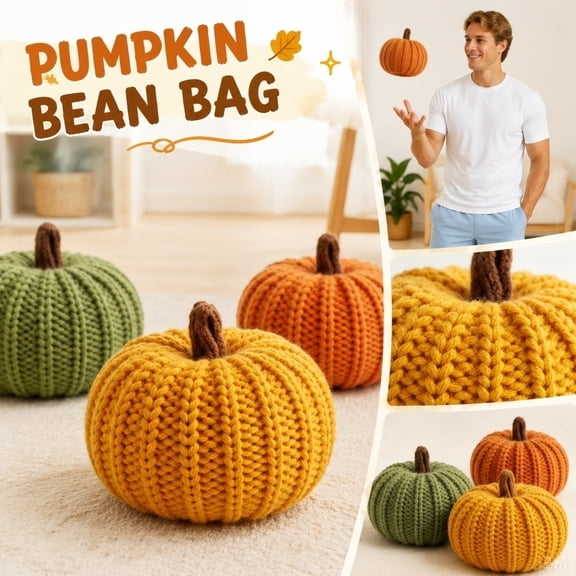 Halloween Pumpkin Decor, Pumpkin Bean Bag, Tabletop Fabric Ornament, Static Green and Orange Knitted Prop for Adult Indoor Autumn Seasonal Gathering Home Desk Display