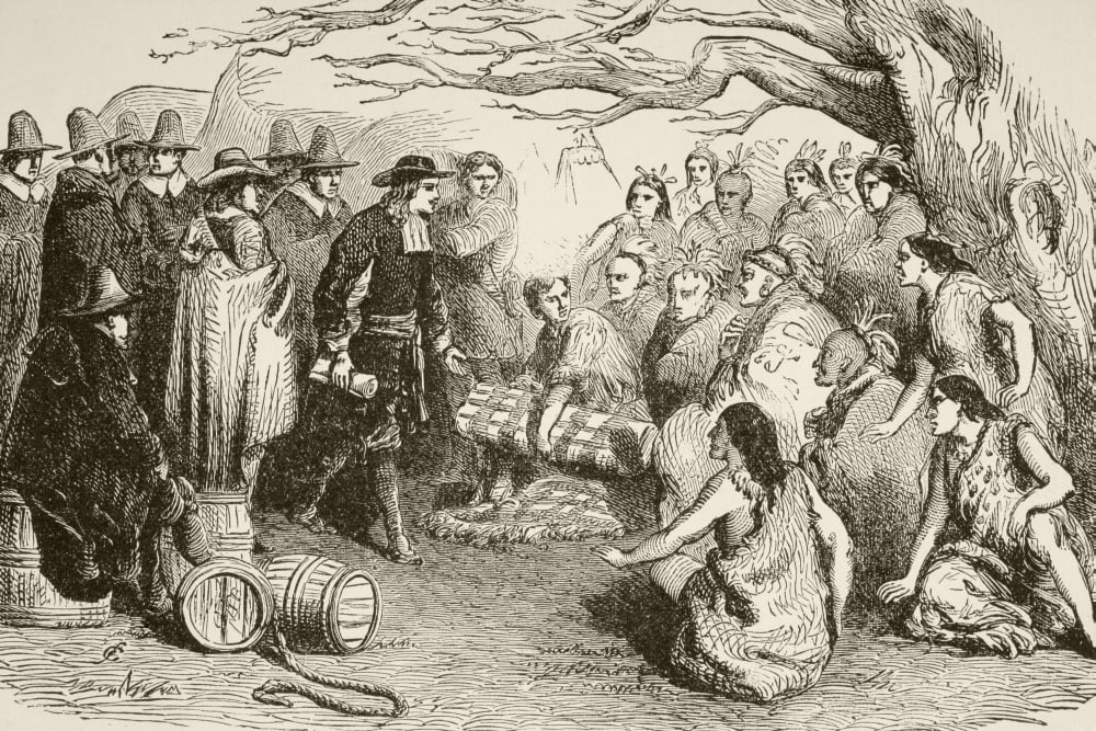 In 1682 William Penn Makes A Treaty With The Delaware Or Lenape Indians Under The Elm Tree At Shackamaxon In Present Day Pennsylvania From A 19Th Century Illustration Canvas Art - Ken Welsh Design Pi