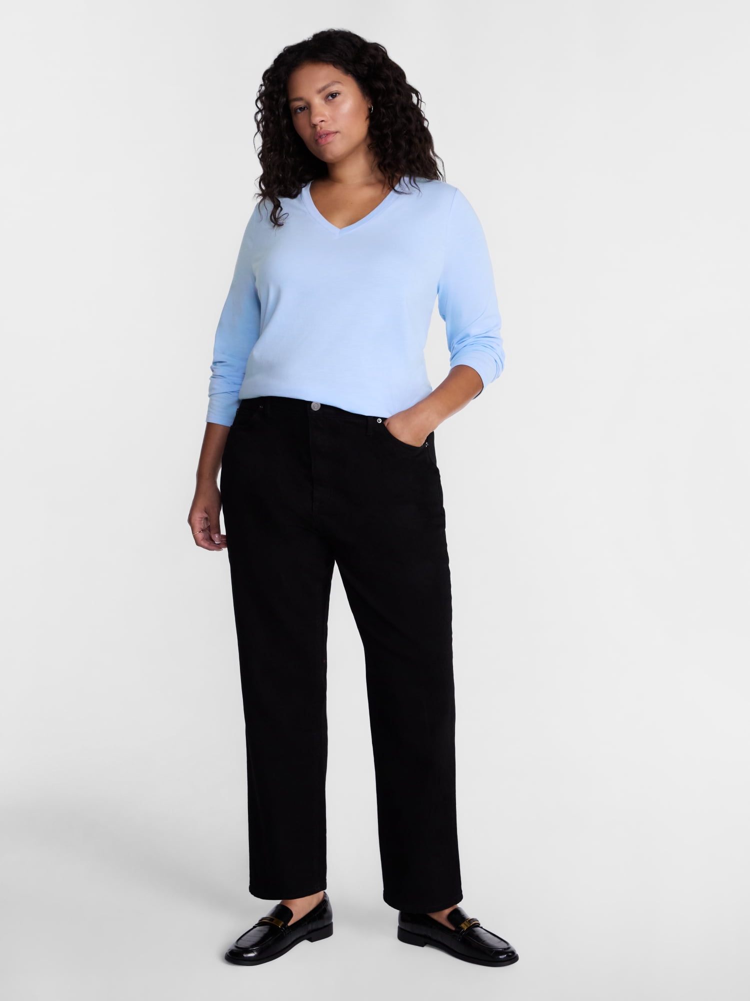 Terra & Sky Women's Plus Size V Neck Tee with Long Sleeves, Size 0X-5X