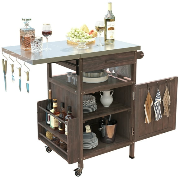 Outdoor Grill Cart with Drop Leaf, Stainless Steel Tabletop Outdoor Kitchen Island, Solid Wood Outdoor Buffet Cabinet with Lockable Wheels for Grilling, Brown