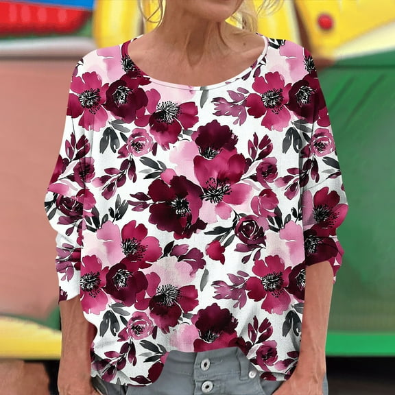 Womens Long Sleeve Tops Casual Shirts For Women Flower Printed T Shirt Crewneck Floral Tee Purple M