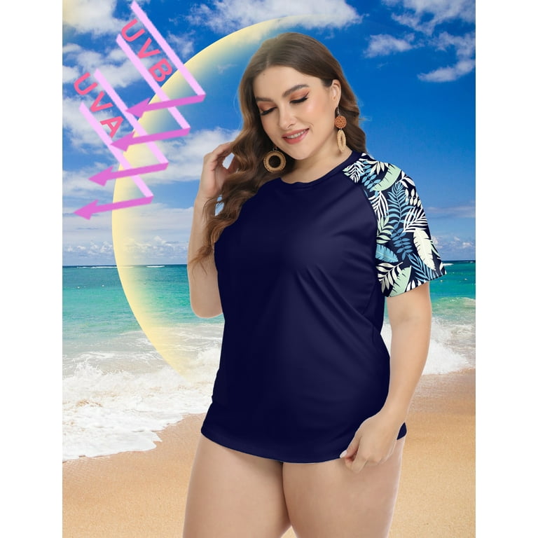 TIYOMI Plus Size Rash Guard Tops For Women Surfing Swim Shirts Navy Blue  Leaves Short Sleeve Pullover UPF 50+ Sun Swimsuit Tops XL 14W 16W