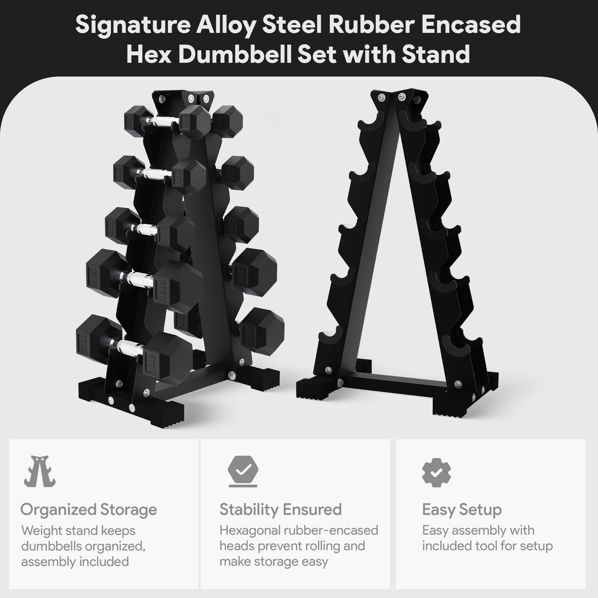 BalanceFrom Rubber Coated Iron Hex Dumbbell Set With A-Frame Rack, 100 lb, Black