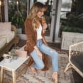 thumbnail image 4 of Long Coat Women Cardigan Coat Lapel Long Sleeve Open Front Golden Velvet Fabric Jacket Solid Color Mid-length Outerwear, 4 of 7
