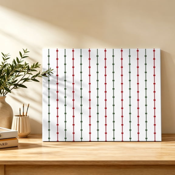 Christmas Canvas Wall Art, Rustic Red Green Beads Stripes Farmhouse Minimalist Wall Art Prints Artwork Framed Canvas Ready to Hang Art Pictures for Bathroom, Dressing Table, Entryway 12" x 8"
