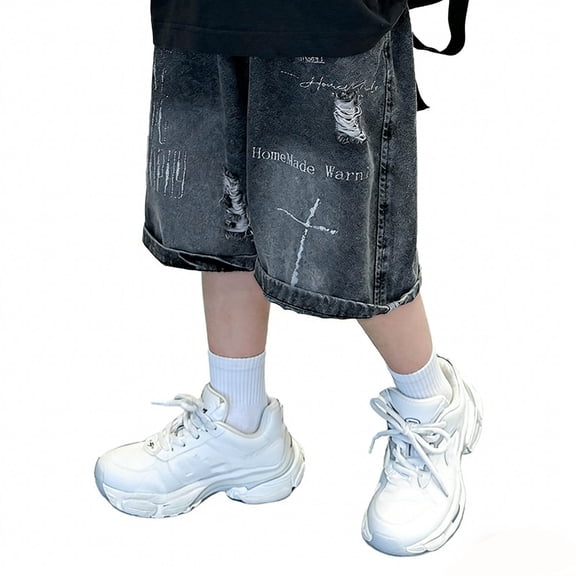 Lullu Boys Ripped Denim Shorts Trendy Jorts Knee Length Jean Shorts, Sizes 4-14