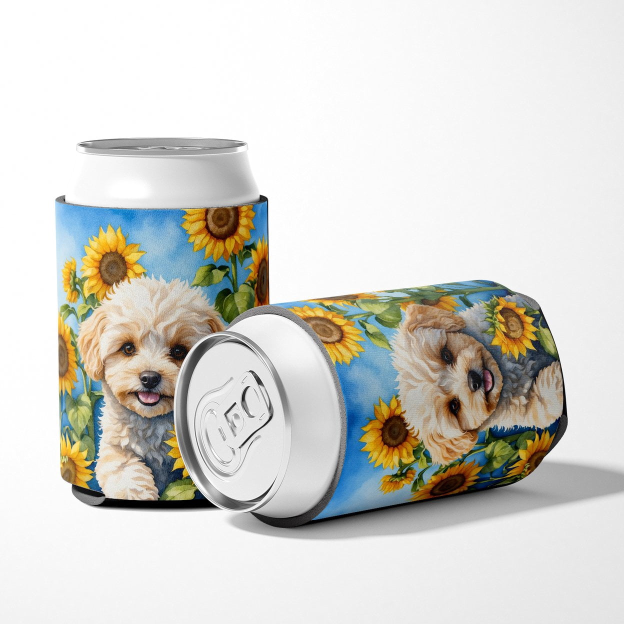Maltipoo in Sunflowers Can or Bottle Hugger 3 in x 5 in