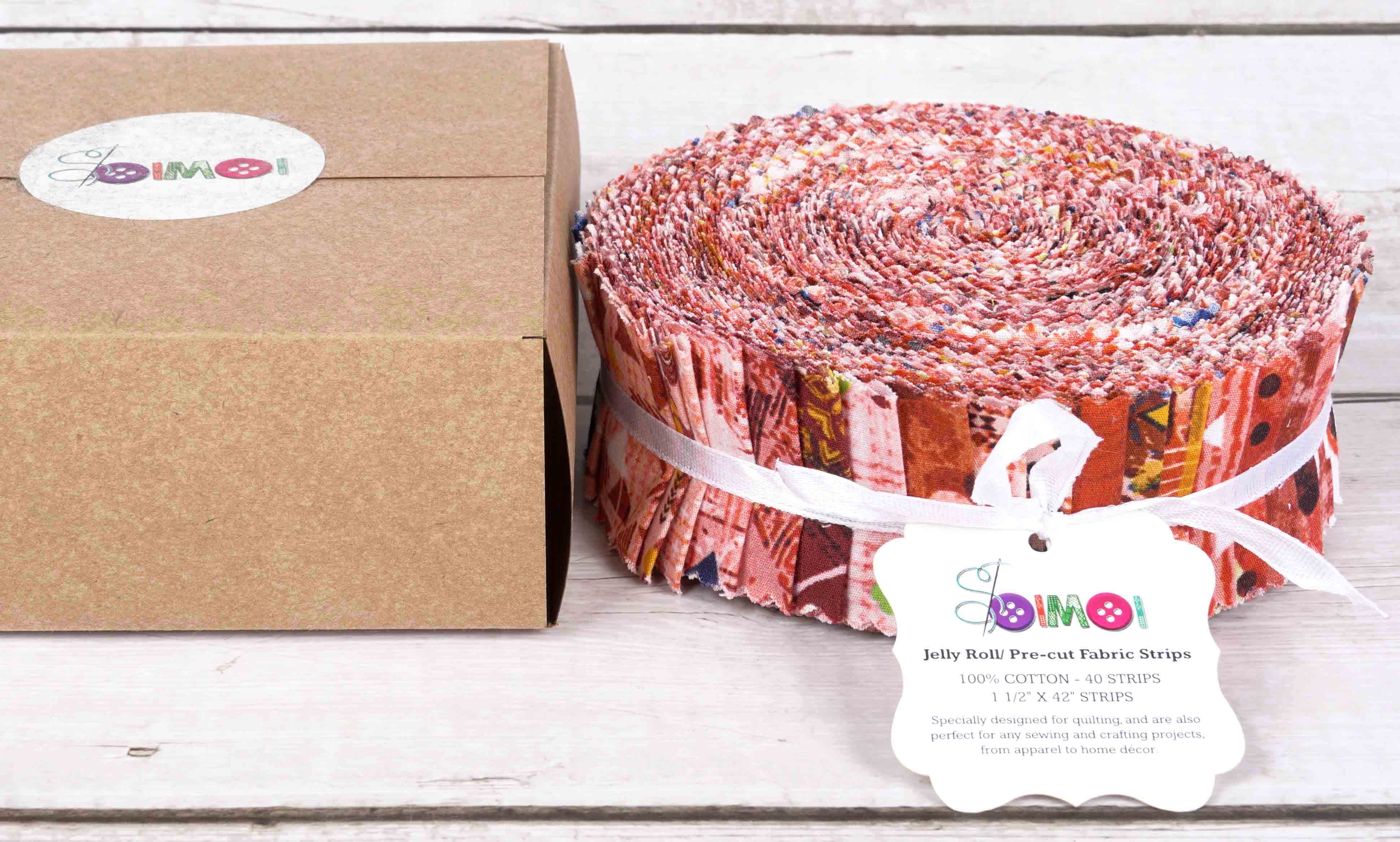 Soimoi 40Pcs Geometric & Texture Print Precut Fabrics Strips Roll Up 1.5x42inches Cotton Jelly Rolls For Quilting - Red