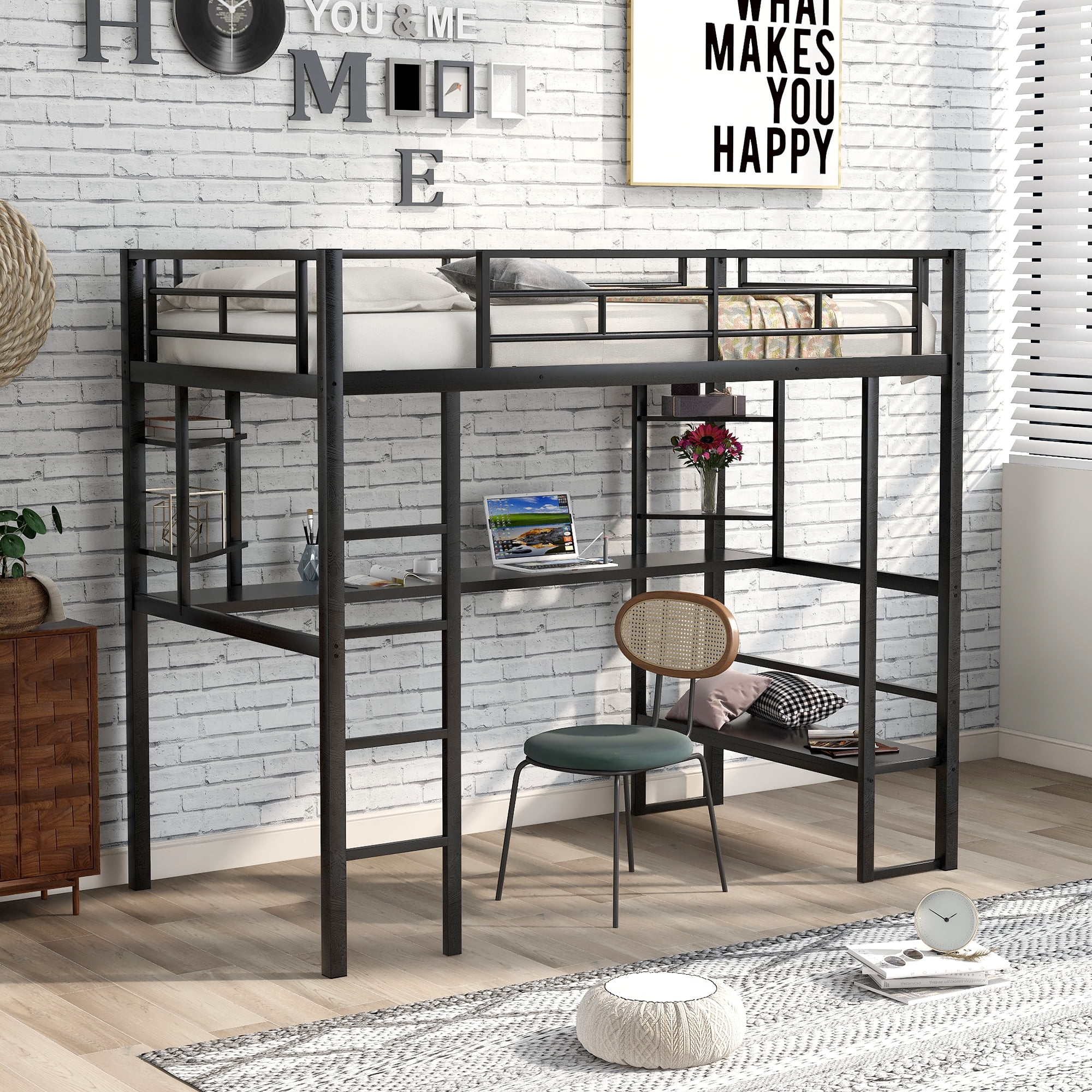 Euroco Twin Metal Loft Bed with Desk & Shelves for Kids