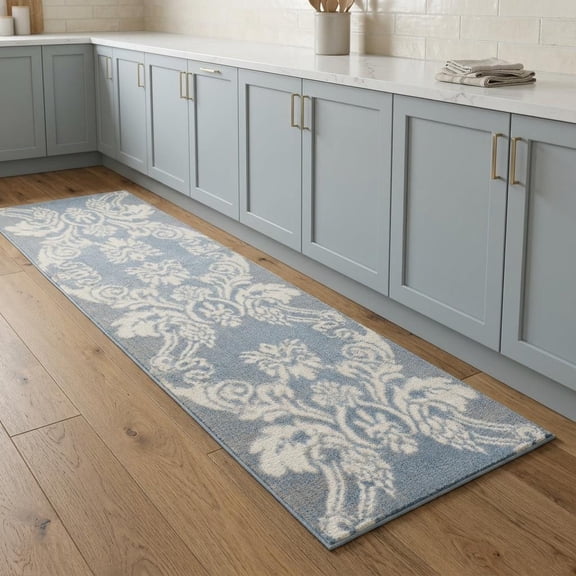8' Blue and Ivory Damask Distressed Non Skid Runner Rug