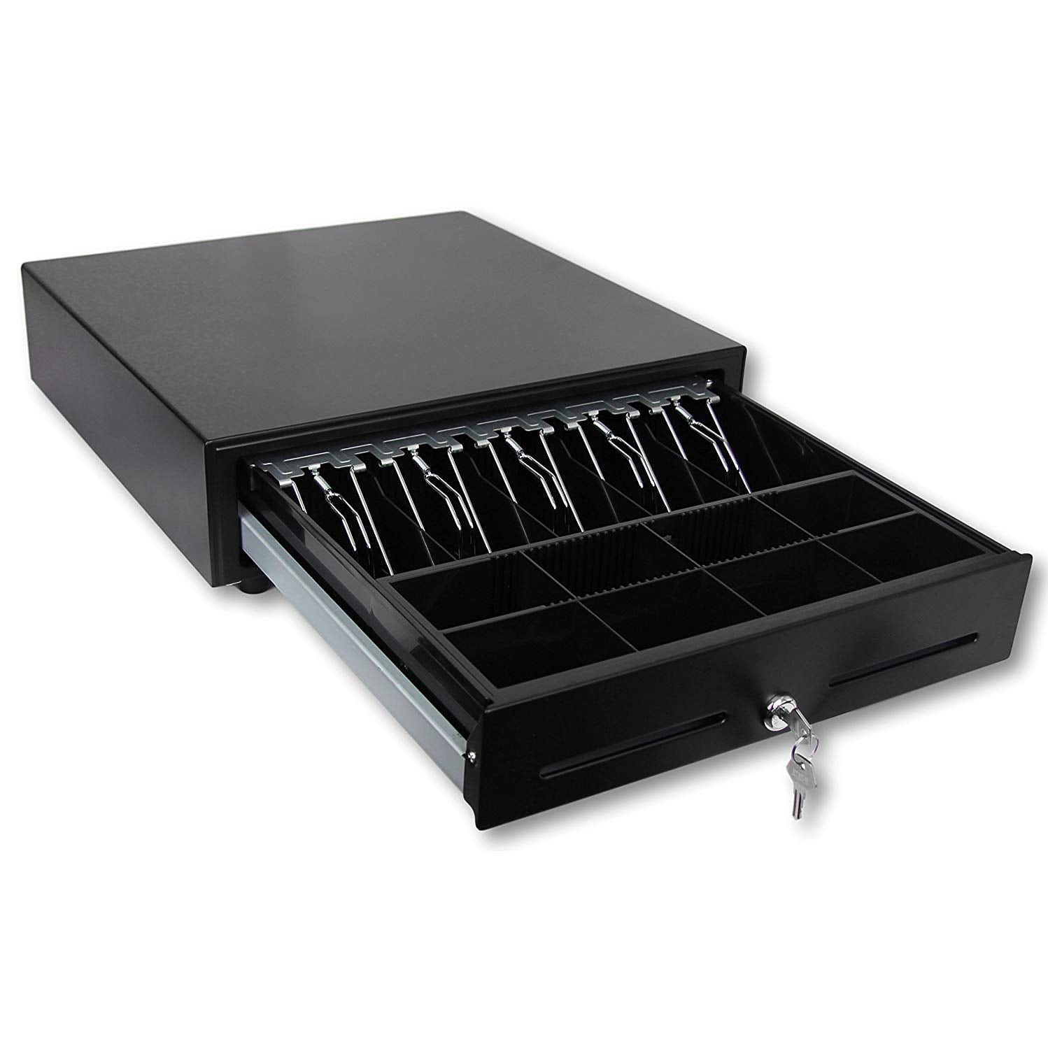 POS Key Lock with Fully Removable Money Tray and Double Media Slots System Black Heavy Duty Till with 5 Bills//8 Coin Slots 16 Manual Push Open Cash Register Drawer for Point of Sale