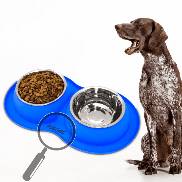 KE WOOW Dos platos de 1150 ml c/u, Tapete de Silicon, Doble Plato para Perro, Acero Inoxidable, Tamaño Extra Grande, Tazón de Croquetas de Perros, Tazon de Agua, Comedero de Gato, Color Azul KE WOOW Plato doble Extra grande