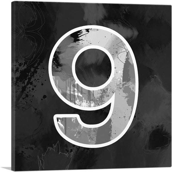 ARTCANVAS Modern Black White Alphabet Number 9 Nine Numeral Canvas Art Print - Size: 18" x 18" (0.75" Deep)