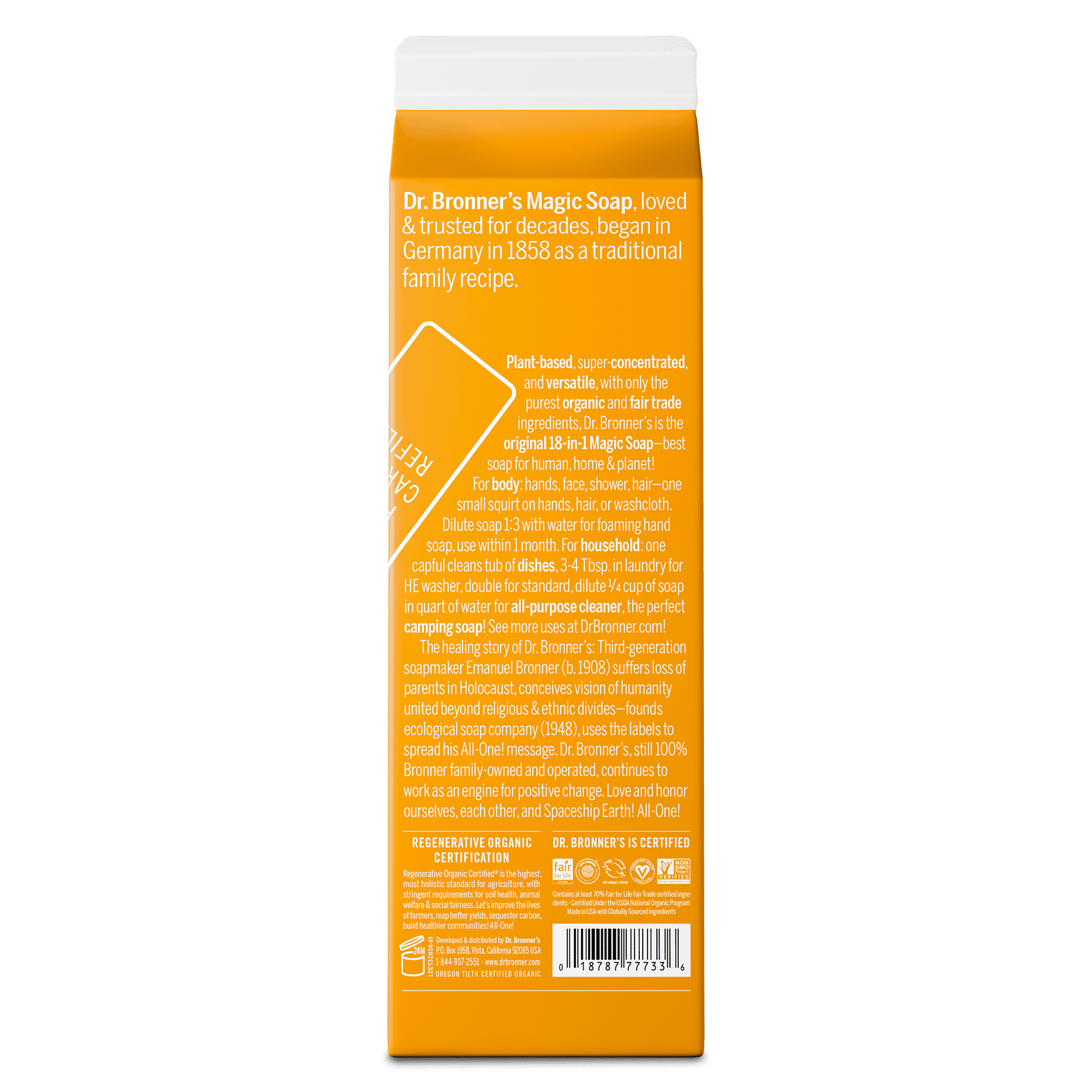 Dr. Bronner's Magic Soap Refill - Citrus - Pure-Castile Liquid Soap Carton - 32 oz – for face, body wash, hands