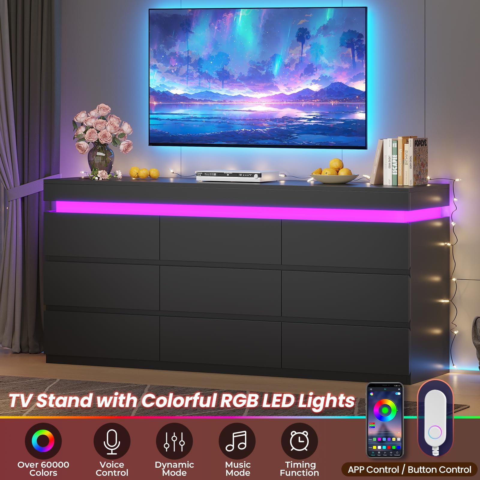 Afuhokles Wide Dresser TV Stand with 9 Drawers Dresser for Bedroom Chests of Drawers for Living Room, Black