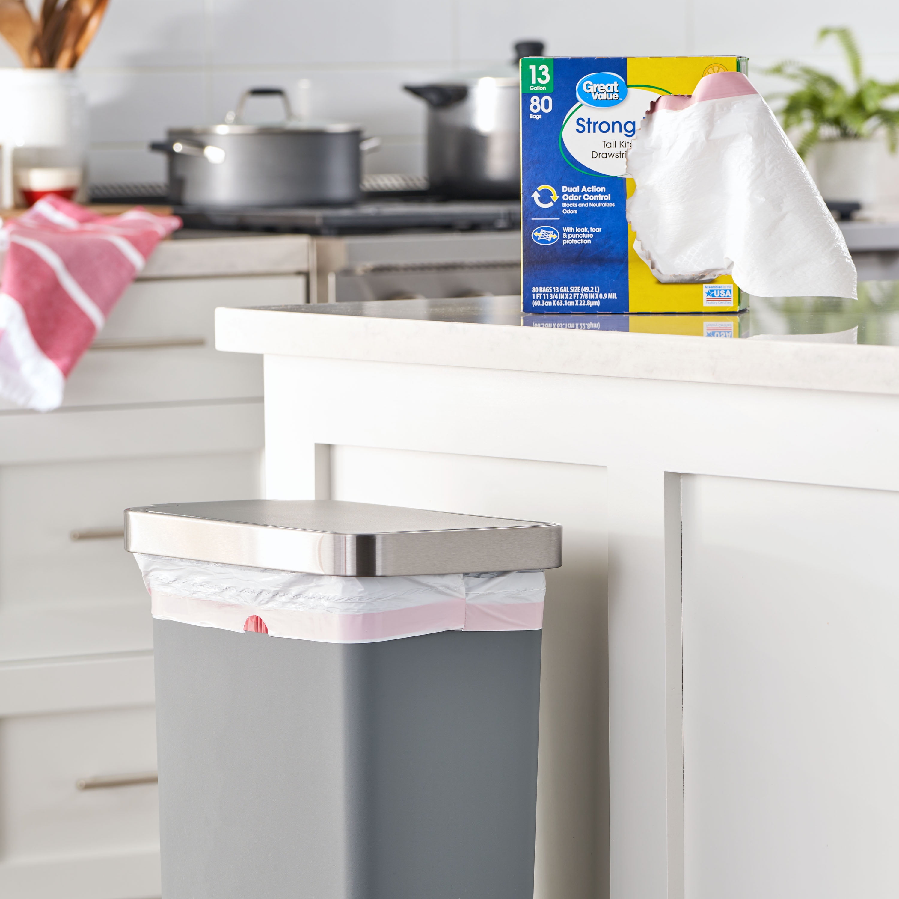 Great Value Strong Flex 13-Gallon Drawstring Tall Kitchen Trash Bags, Citrus Burst, 80 Count
