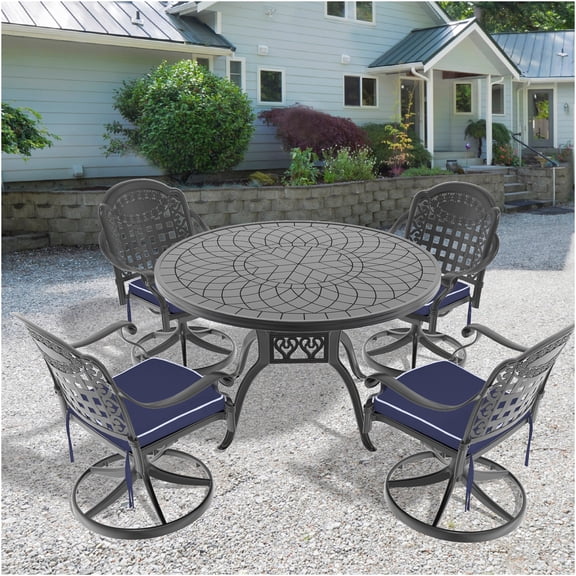 JERFIT 4-Person Outdoor Dining Set with 47-inch Round Table, 4 Swivel Chairs & Cushions, All-Weather Cast Aluminum Patio Set in Black