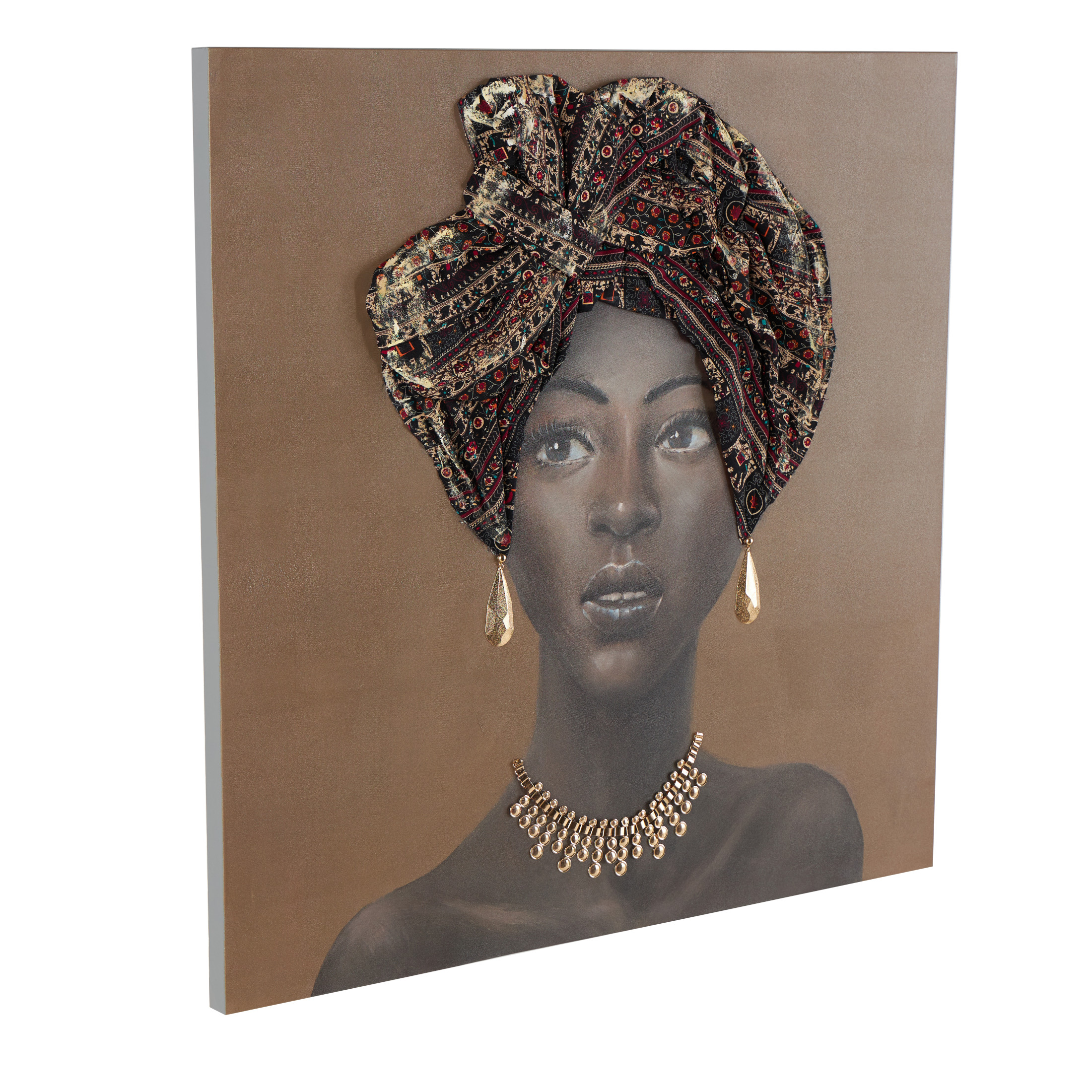 40" x 40" Unframed Woman Wall Art with 3D Fabric Headwear And Gold Jewels, by DecMode