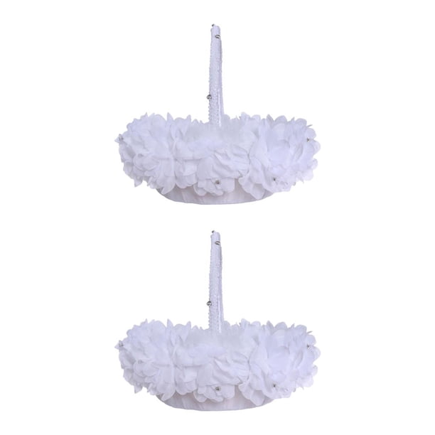 Wosthever Cesta de flores para niñas, mango de diamantes de imitación, encaje, boda romántica, Festival, dulces, regalos, accesorios Blanco 2piezas