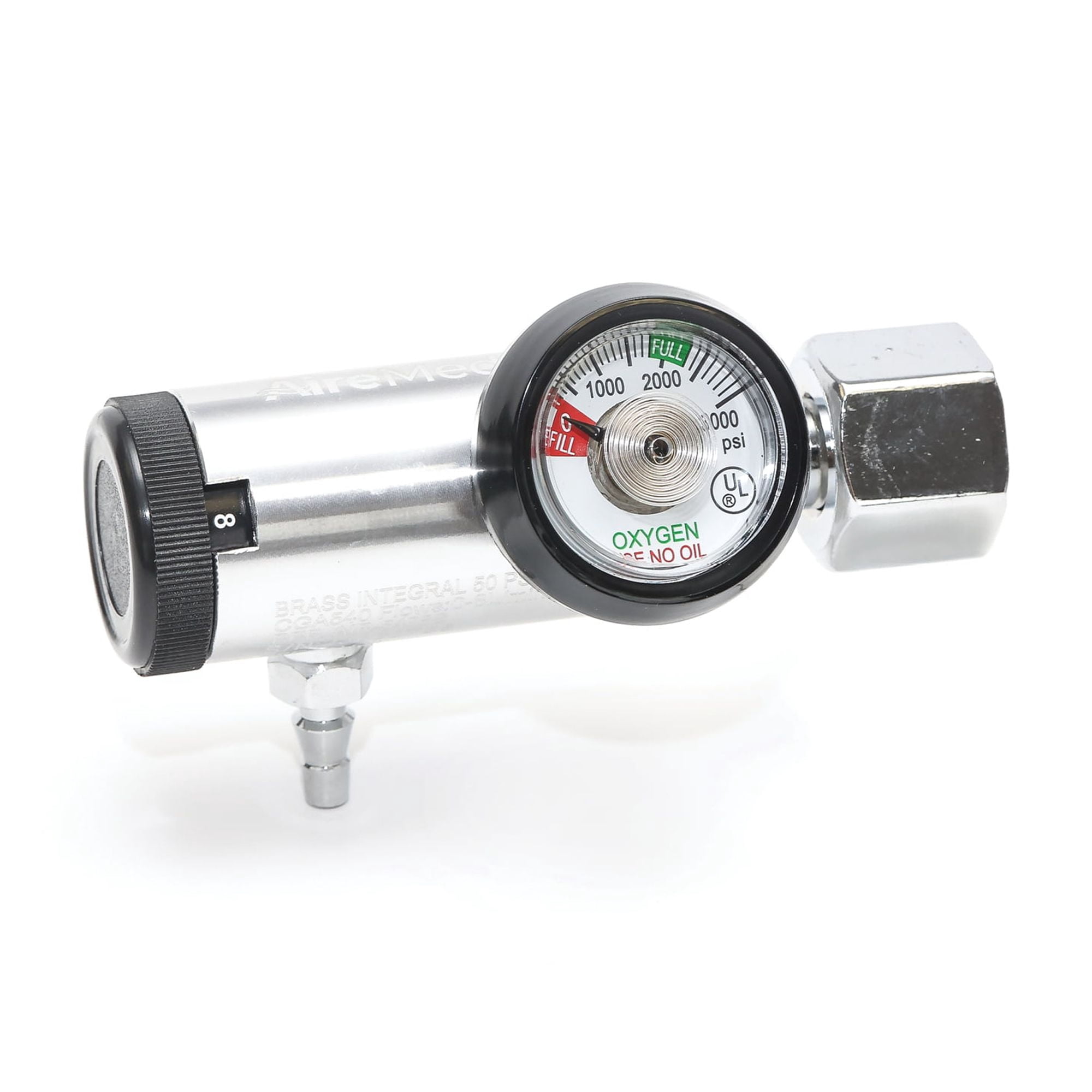 Oxygen Regulator 0-8LPM, CGA-540 Gauge  Brass Sleeve - 12 Preset Flow Settings - Dependable Oxygen Regulator Grey