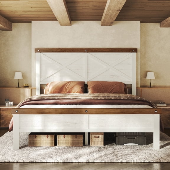 HOMRELEXA Farmhouse Bed Frame Queen Size with 51" Tall Headboard and Footboard, Platform Bed Frame, No Box Spring Needed, White