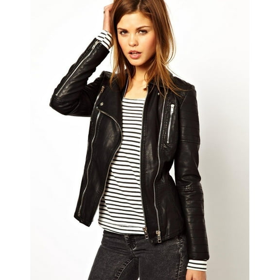 Noora Women's Doubles zipper black leather jacket , Biker Style Leather Jacket ST0312