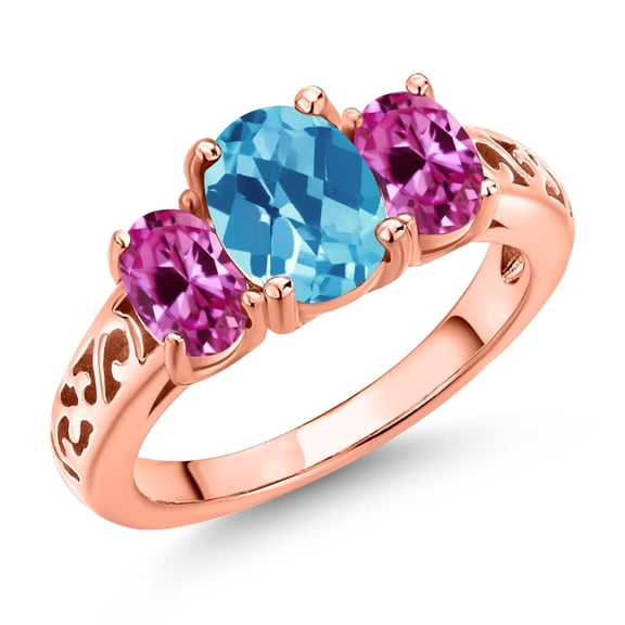 Gem Stone King 18K Rose Gold Plated Silver Swiss Blue Topaz and Pink Created Sapphire Filigree Style 3 Stone Ring for Women (2.30 Cttw, Oval 8X6MM and 6X4MM) (Size 5)