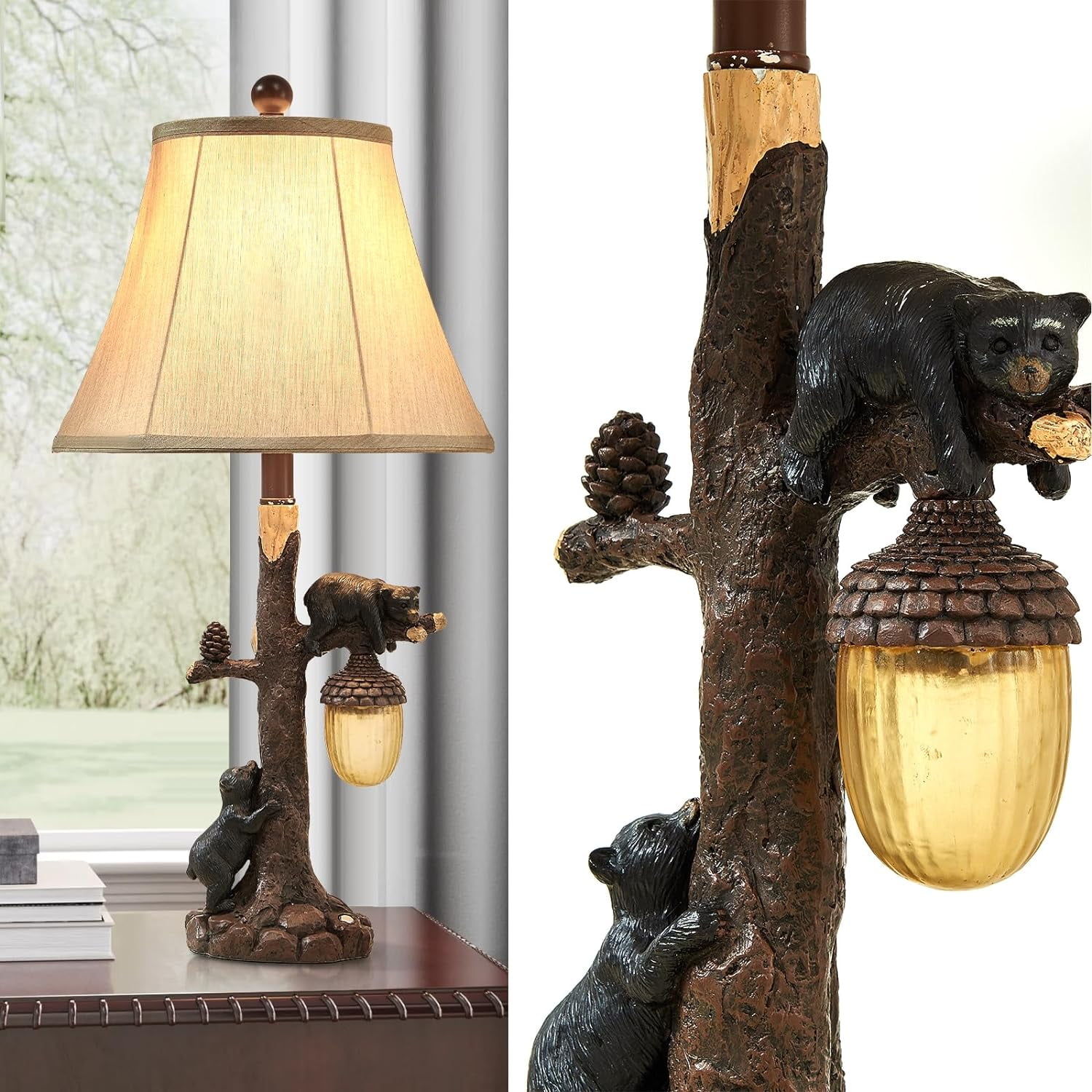 Findosom 2pcs 26" Vintage Table Lamp Set Touch Control Bedside Lamp with USB & USB-C Port, Bear Table Lamp with Nightlight DIY Linen Lampshade Nightstand Lamp for Living Room Bedroom Home Office