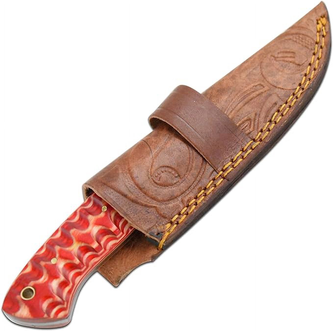 Old Ram Twisted Red Wood 8.25" Damascus Hunting Knife with Leather Sheath